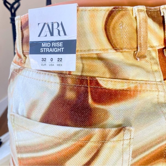 NWT ZARA Mid Rise Straight Leg Brown Swirl Jeans, size 0 - Picture 7 of 13